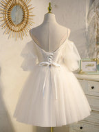 Light champagne tulle lace short prom Dress, lace homecoming Dresses