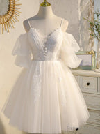 Light champagne tulle lace short prom Dress, lace homecoming Dresses