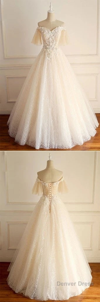 Light Champagne Tulle Lace Short Sleeve Strapless Long Formal Prom Dress, Wedding Dress Main image
