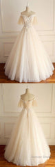 Light Champagne Tulle Lace Short Sleeve Strapless Long Formal Prom Dress, Wedding Dress