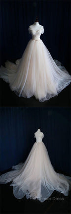 Light Champagne Tulle Long Prom Dress, Wedding Dresses