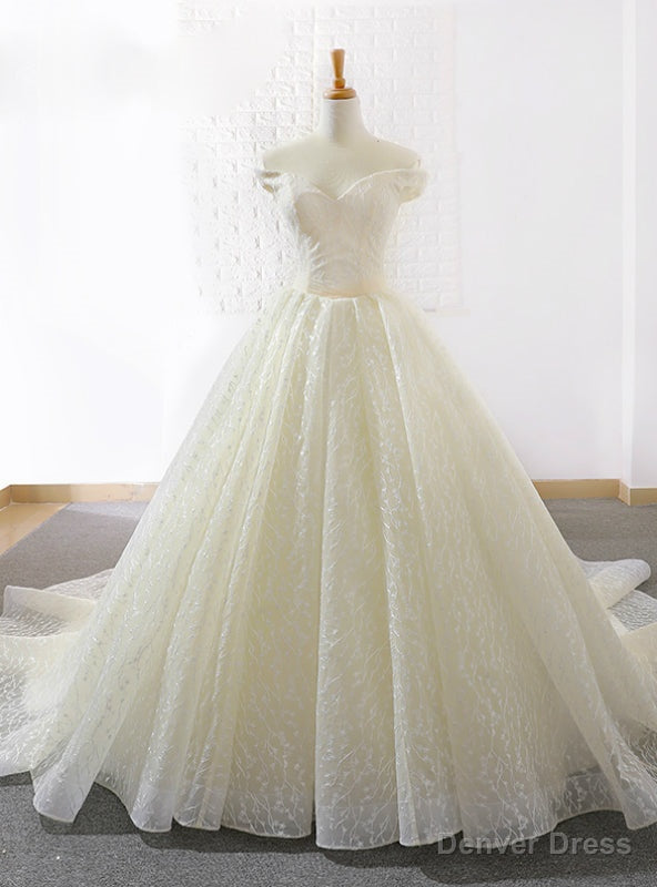 Light Champagne Tulle Off The Shoulder Train Wedding Dress Main image