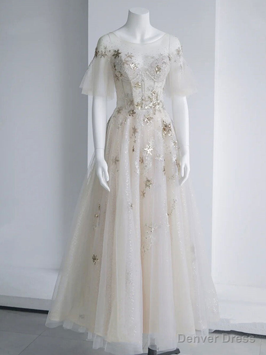 Light Champagne Tulle Sequin Tea Length Prom Dress, Tulle Formal Dress Main image