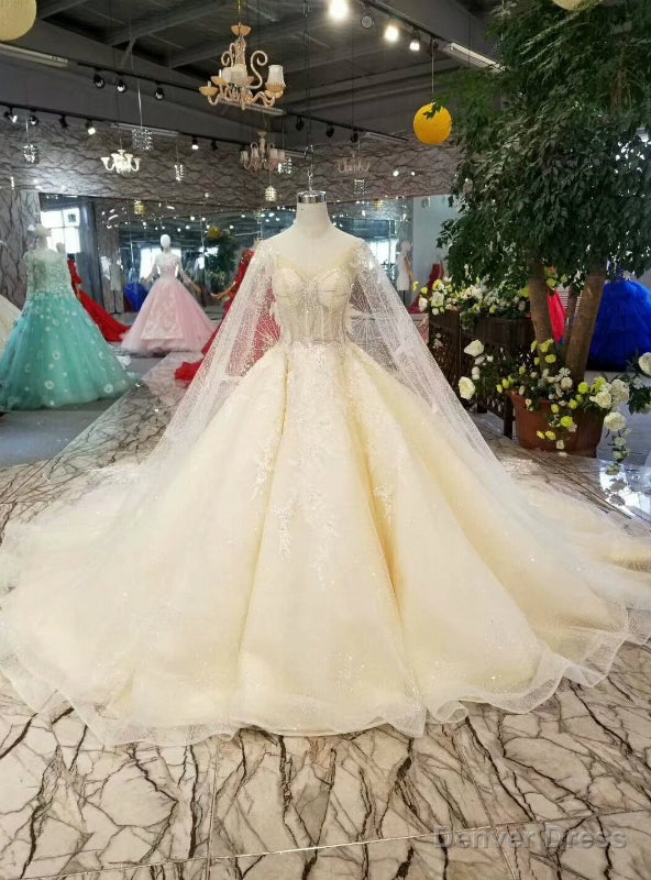 Light Champagne Tulle Sequins V-neck Backless Wedding Dress With Beading Main image