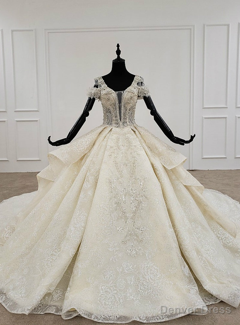 Light Champagne Tulle Sequins V-neck Beading Wedding Dress Main image