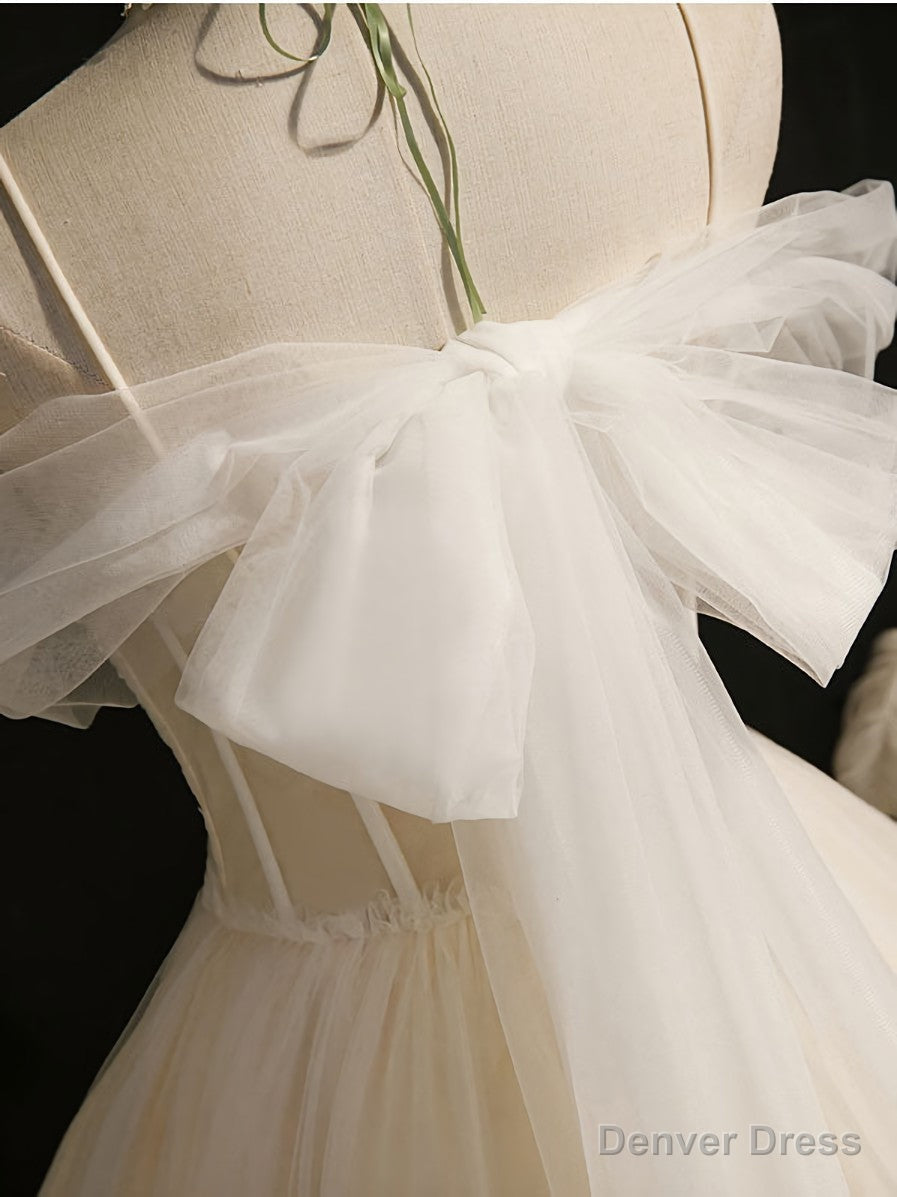 Light Champagne Tulle Short Prom Dress, Puffy Tulle Lace Homecoming Dresses