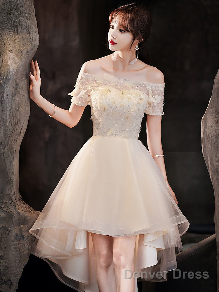 Light Champagne Tulle Short Sleeves High Low Homecoming Dress, Short Prom Dress Secondary image