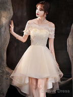 Light Champagne Tulle Short Sleeves High Low Homecoming Dress, Short Prom Dress