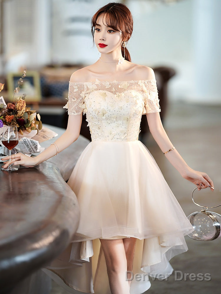 Light Champagne Tulle Short Sleeves High Low Homecoming Dress, Short Prom Dress