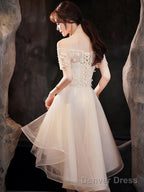 Light Champagne Tulle Short Sleeves High Low Homecoming Dress, Short Prom Dress