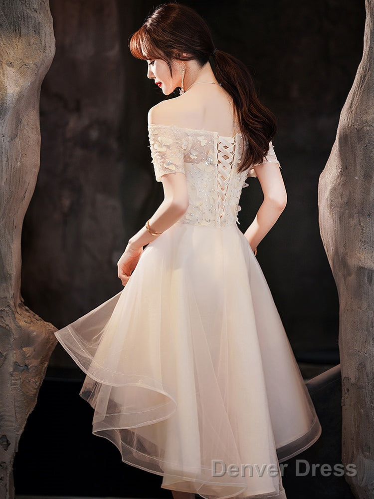 Light Champagne Tulle Short Sleeves High Low Homecoming Dress, Short Prom Dress