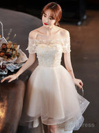 Light Champagne Tulle Short Sleeves High Low Homecoming Dress, Short Prom Dress
