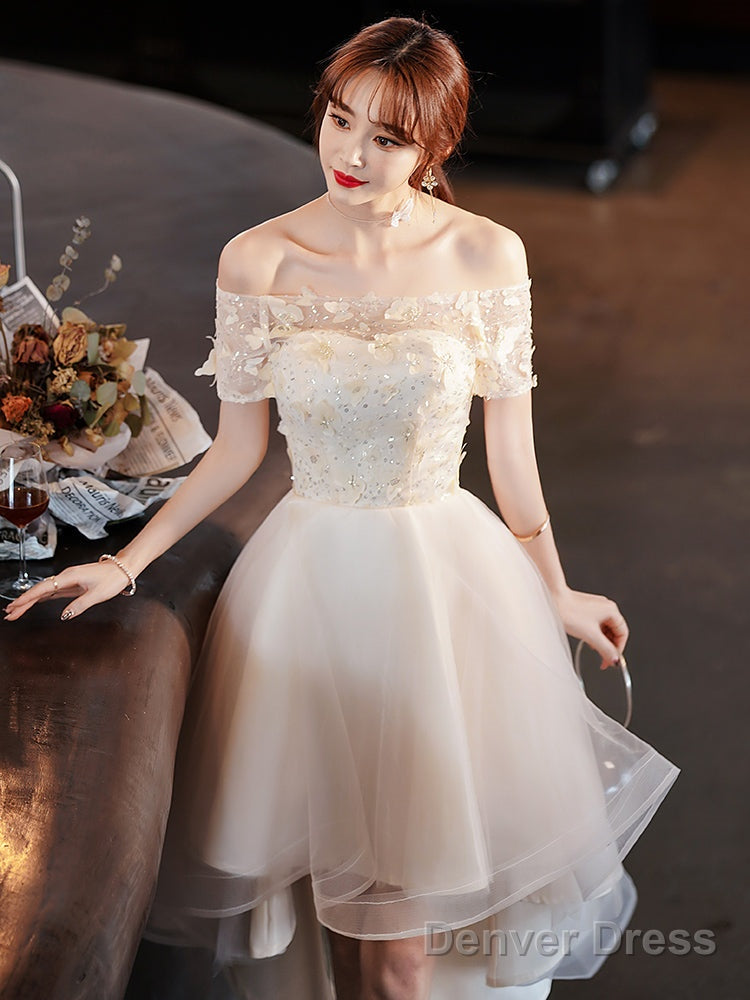 Light Champagne Tulle Short Sleeves High Low Homecoming Dress, Short Prom Dress