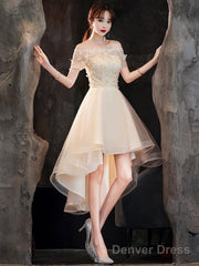 Light Champagne Tulle Short Sleeves High Low Homecoming Dress, Short Party Dress Prom Dress