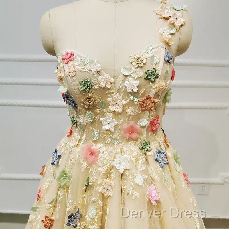 Light Champagne Tulle With Flowers Long Prom Dress, A-Line Tulle Prom Dresses Secondary image