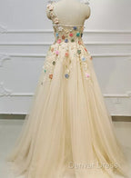 Light Champagne Tulle With Flowers Long Prom Dress, A-Line Tulle Prom Dresses