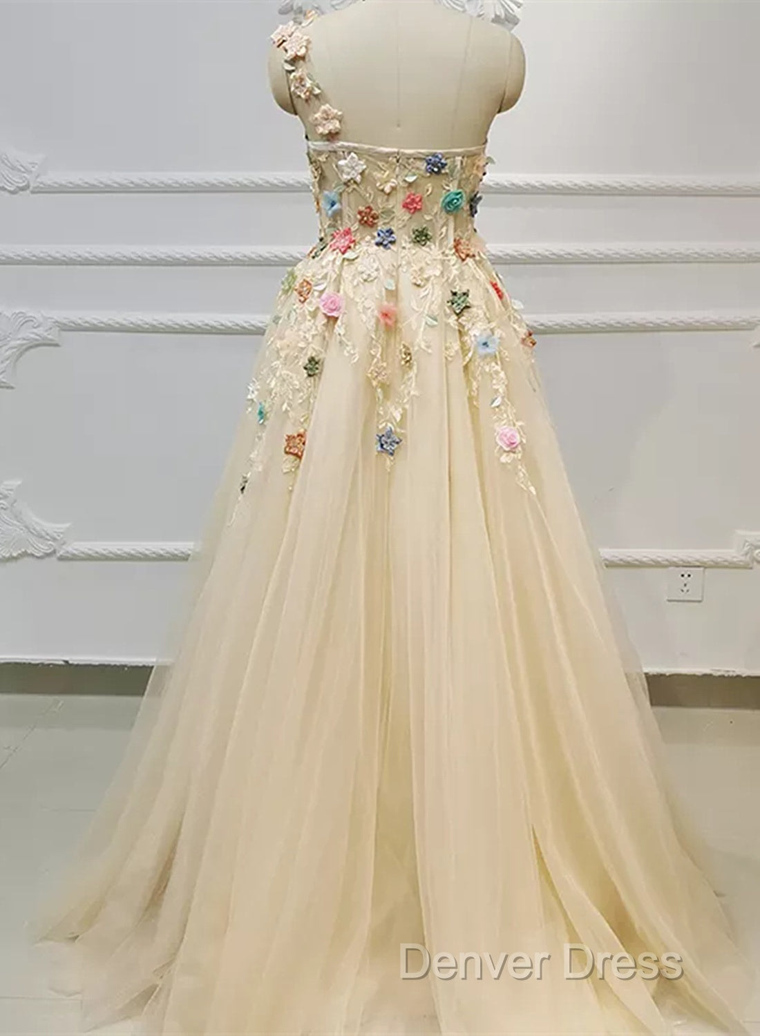 Light Champagne Tulle With Flowers Long Prom Dress, A-Line Tulle Prom Dresses