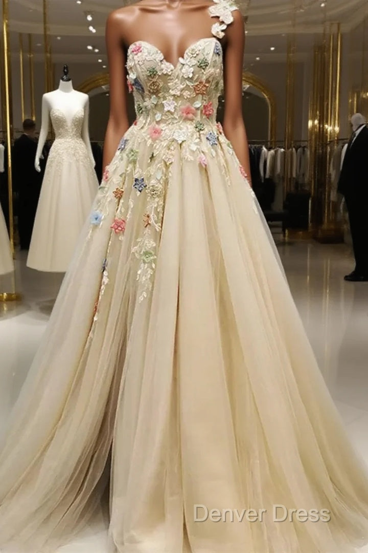Light Champagne Tulle With Flowers Long Prom Dress, A-Line Tulle Prom Dresses