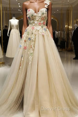 Light Champagne Tulle With Flowers Long Evening Dresses, A-Line Tulle Formal Dresses