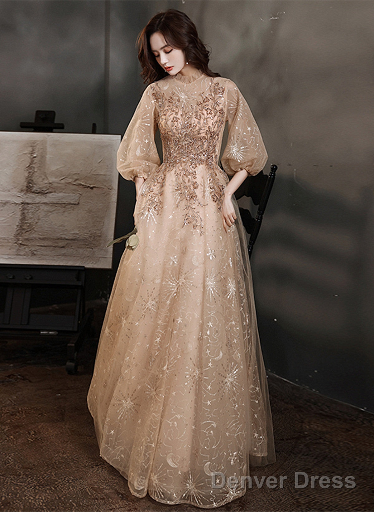 Light Champagne Tulle With Lace Long Party Dress, A-Line Tulle Puffy Sleeves Prom Dress
