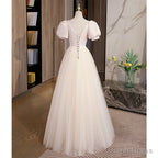 Light Champagne Tulle with Light Pink Satin Prom Dress, A Line Long Prom Dresses