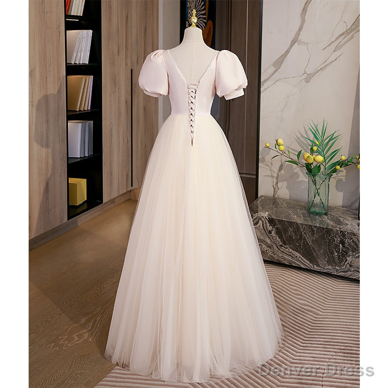 Light Champagne Tulle with Light Pink Satin Prom Dress, A Line Long Prom Dresses