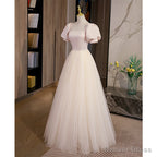 Light Champagne Tulle with Light Pink Satin Prom Dress, A Line Long Prom Dresses