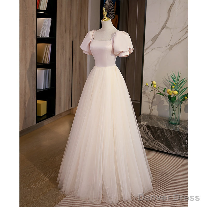 Light Champagne Tulle with Light Pink Satin Prom Dress, A Line Long Prom Dresses