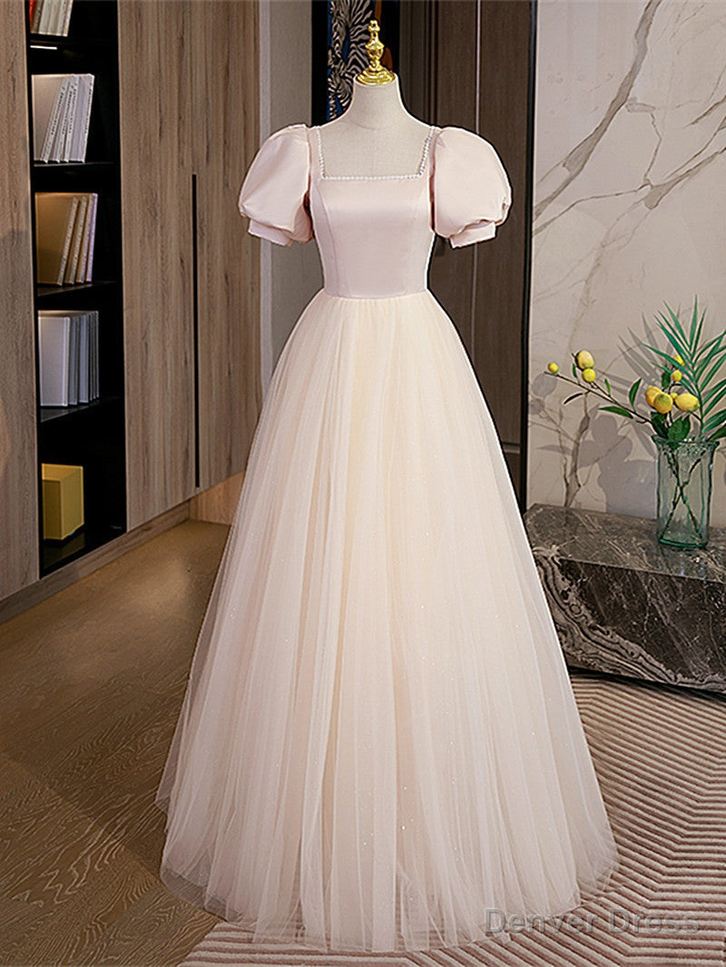 Light Champagne Tulle with Light Pink Satin Prom Dress, A Line Long Prom Dresses