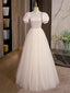 Light Champagne Tulle with Light Pink Satin Prom Dress, A Line Long Prom Dresses