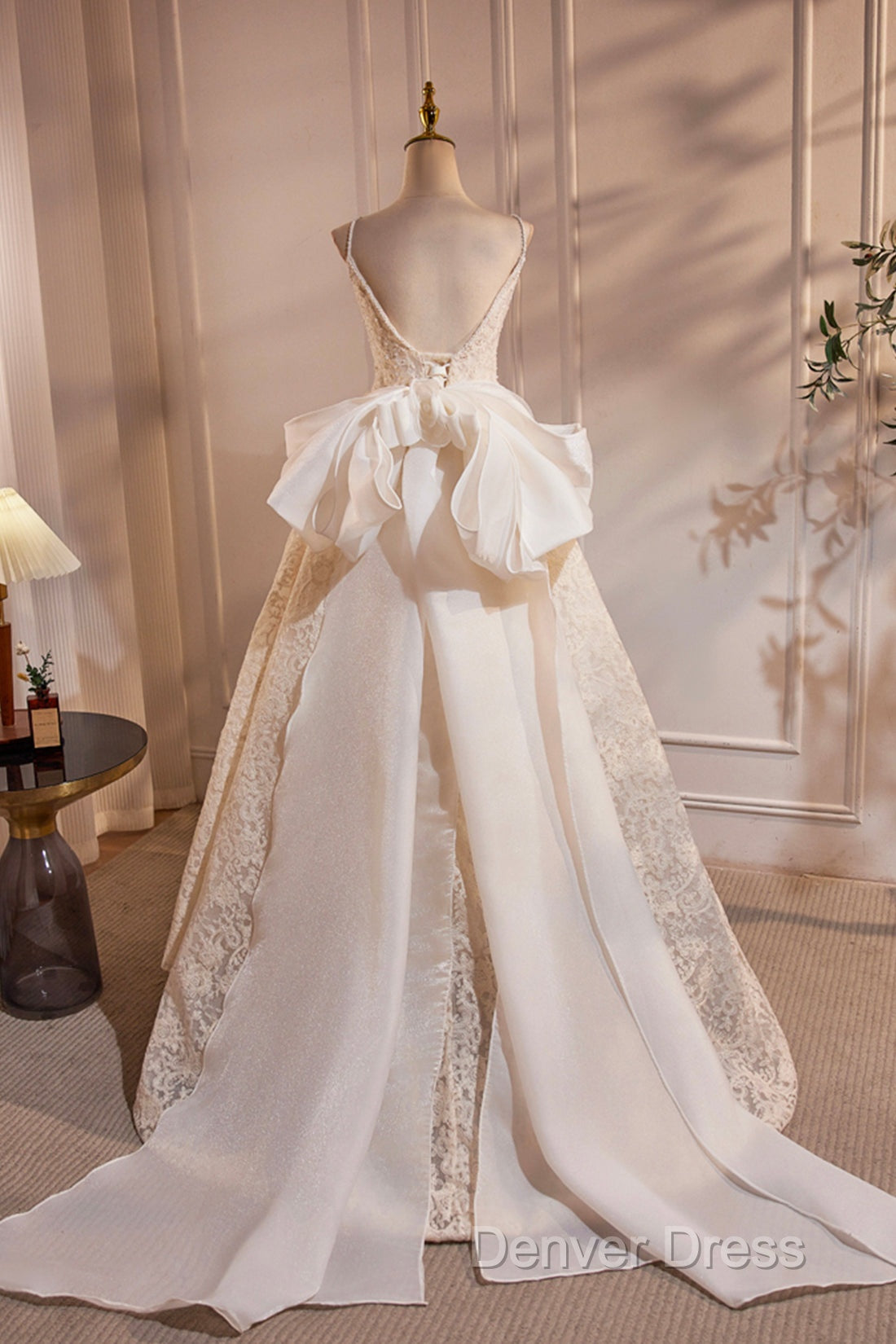 Light Champagne V-Neck Lace Long Prom Dresses, A-Line Spaghetti Straps Backless Party Dresses With Bow Secondary image