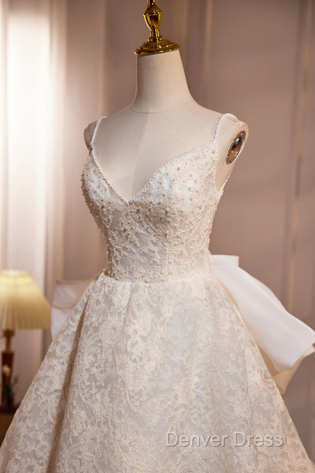 Light Champagne V-Neck Lace Long Prom Dresses, A-Line Spaghetti Straps Backless Party Dresses With Bow