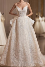 Light Champagne V-Neck Lace Long Prom Dresses, A-Line Spaghetti Straps Backless Party Dresses With Bow