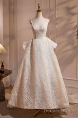 Light Champagne V-Neck Lace Long Prom Dress, A-Line Spaghetti Straps Backless Party Dress With Bow