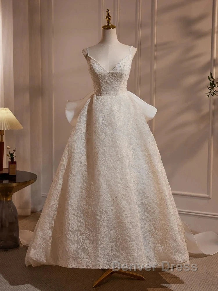 Light Champagne V-Neck Lace Long Prom Dresses Weeding Dresses