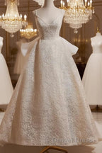 Light Champagne V-Neck Lace Long Prom Dresses Weeding Dresses