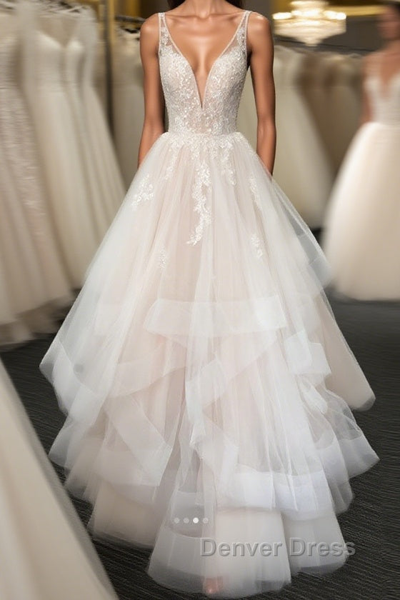 Light champagne v neck tulle lace long prom Dresses, wedding Dresses Main image