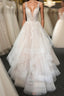 Light champagne v neck tulle lace long prom Dresses, wedding Dresses
