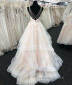 Light champagne v neck tulle lace long prom Dresses, wedding Dresses