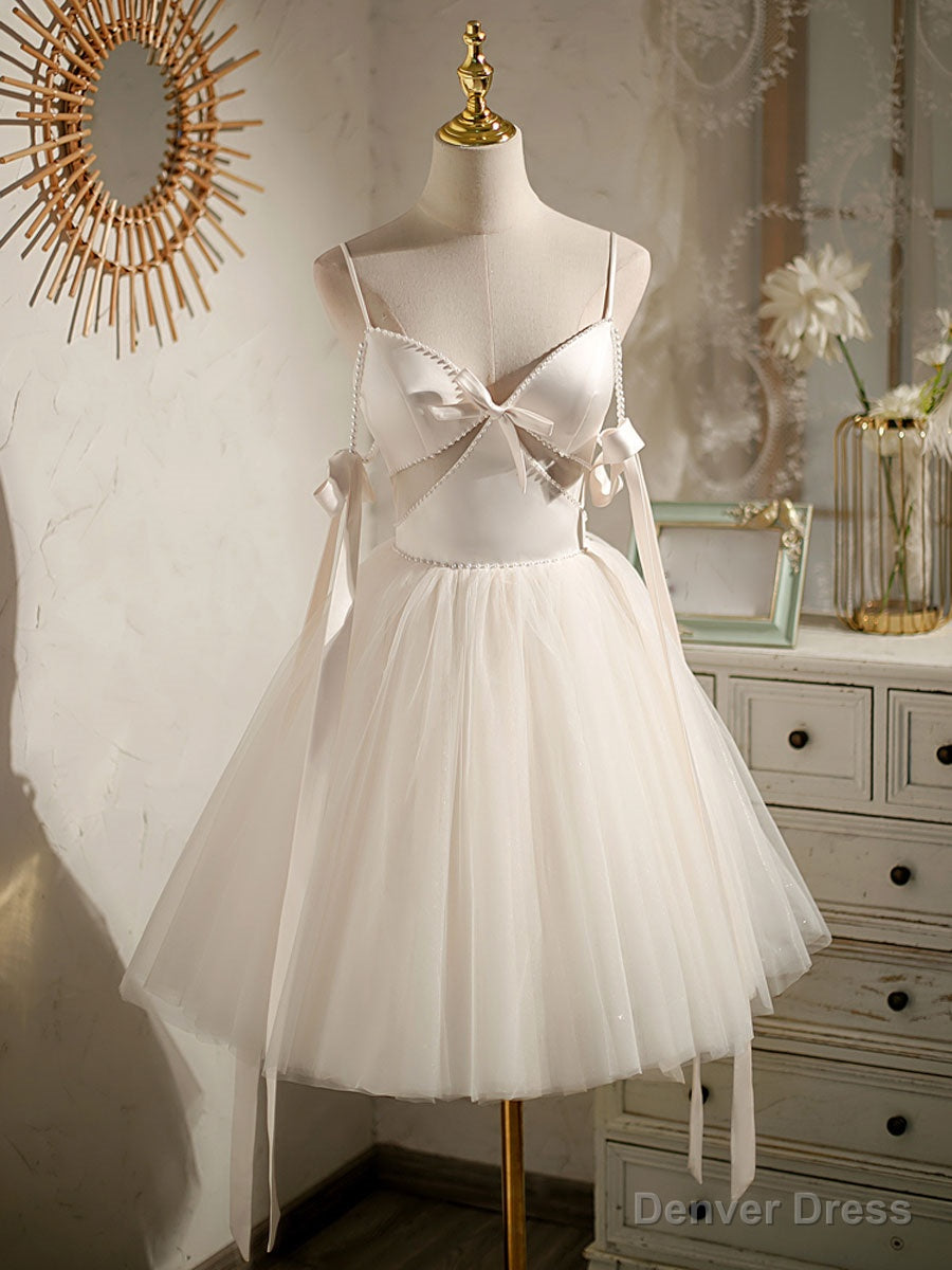 Light Champagne V neck Tulle Short Prom Dress, Tulle Puffy Homecoming Dress