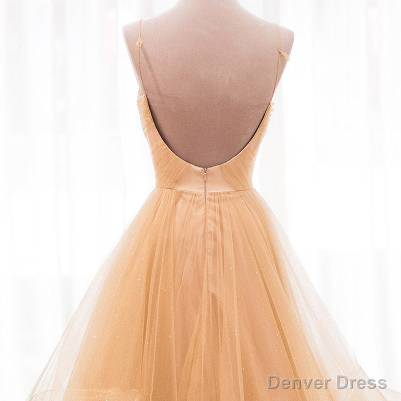 Light Champagne V-neckline Layers Straps Shiny Tulle Party Dress, Champagne Evening Gown Formal Dress