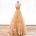 Light Champagne V Neckline Layers Straps Shiny Tulle Prom Dress, Champagne Prom Gowns Prom Dresses