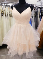 Light Champagne V Neckline Straps Homecoming Dress, Tulle Short prom Dress Graduation Dresses