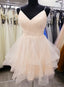 Light Champagne V Neckline Straps Homecoming Dress, Tulle Short prom Dress Graduation Dresses