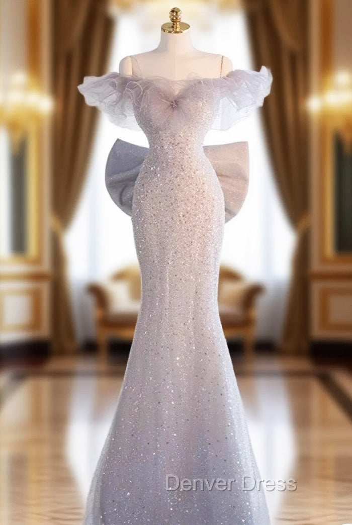 Light Gray Sequins Off the Shoulder Prom Dresses Main image