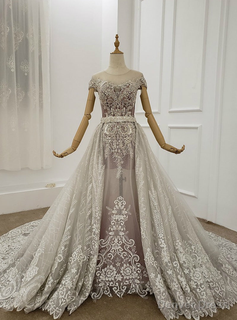 Light Gray Tulle Appliques Beading Cap Sleeve Wedding Dress Removable Train Main image