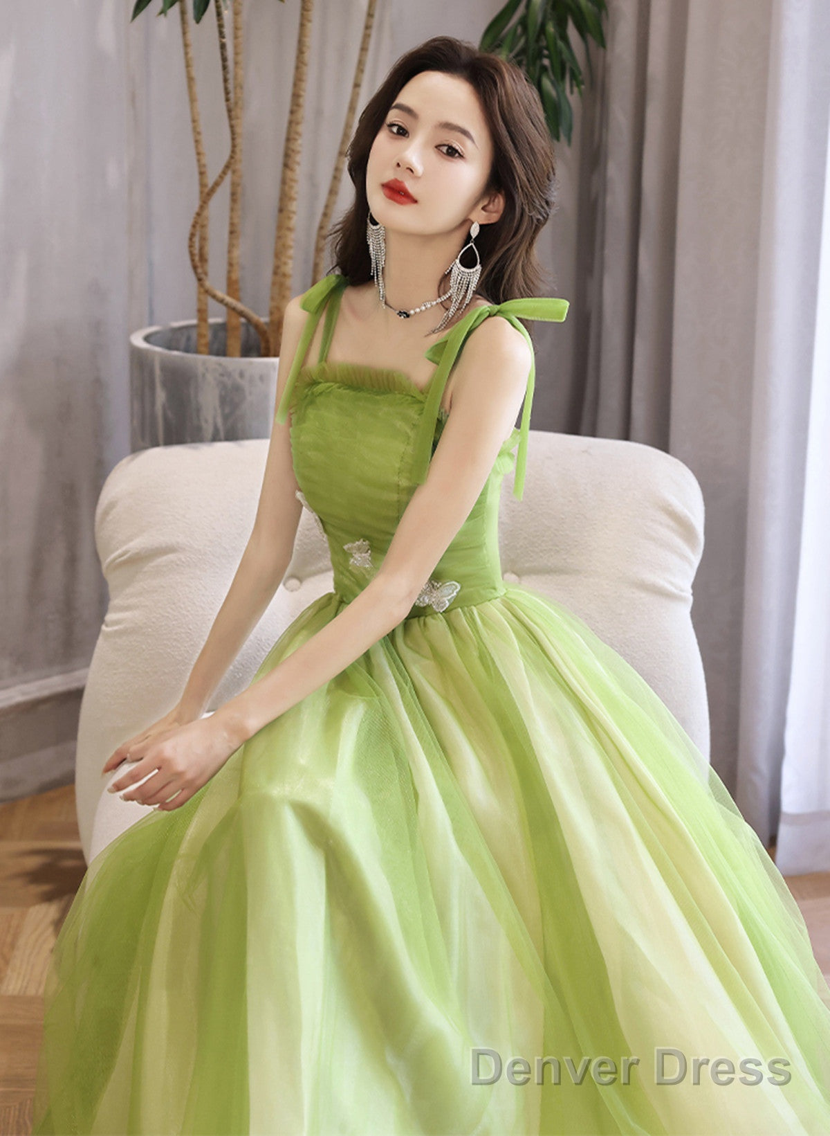 Light Green A-Line Straps Tulle Long Party Dress, Light Green Tulle Prom Dress