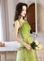 Light Green A-Line Straps Tulle Long Party Dress, Light Green Tulle Prom Dress