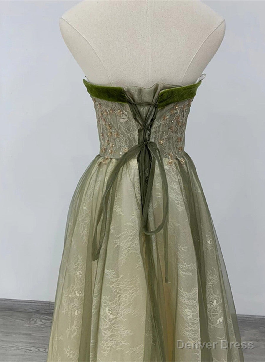 Light Green A-line Sweetheart Long Formal Dress, Green Lace Prom Dress Secondary image