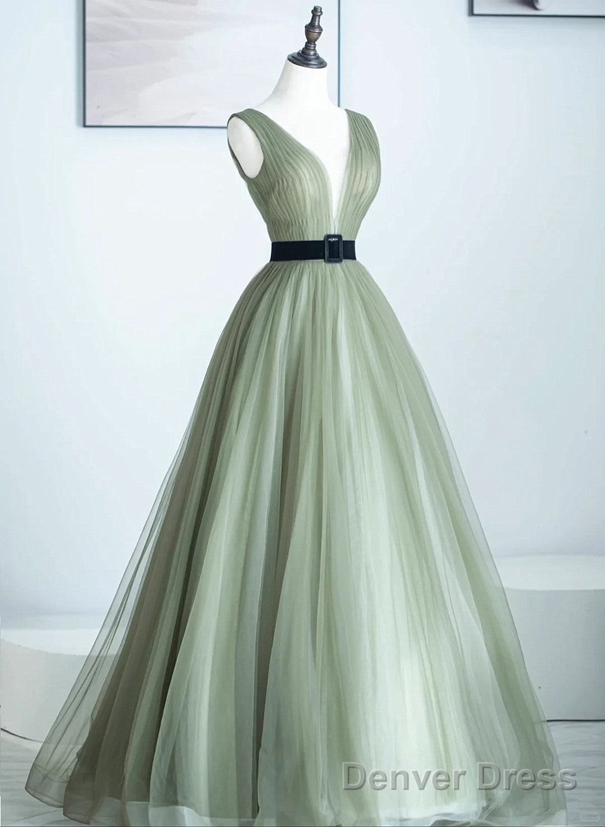 Light Green A-Line Tulle V-Neckline Long Formal Dress, A-Line Floor Length Prom Dress Main image